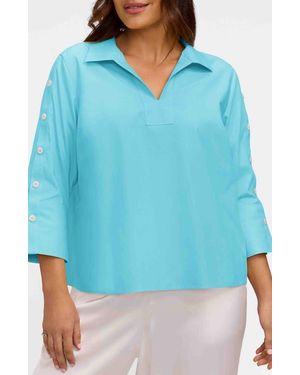 Foxcroft Lainey Button Accent Cotton Popover Top - Blue
