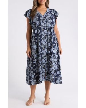 Treasure & Bond Short Sleeve Button Down Linen Blend Midi Dress - Blue