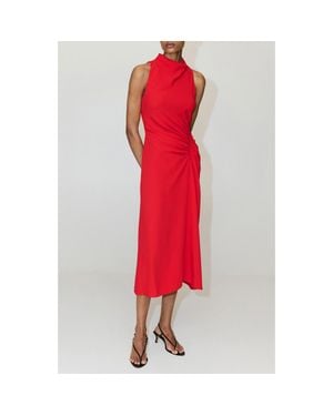 Mango Ruched Draped Neck Midi Dress - Red