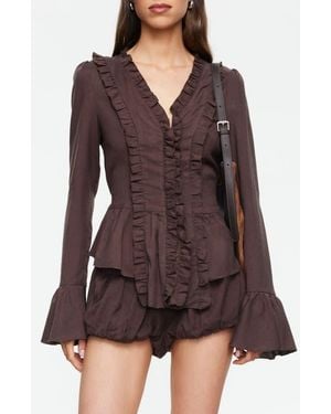 Lioness Odette Ruffle Bell Sleeve Tie Back Linen Blend Top - Purple