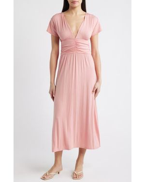 Loveappella Ruched Bodice Midi Dress - Pink