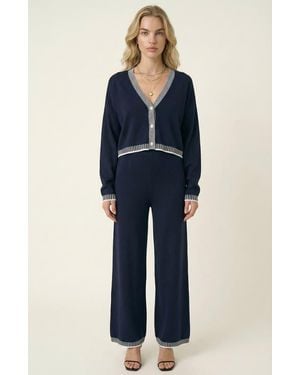 Modenaire Contrast Trim Knit Cardigan Set - Blue