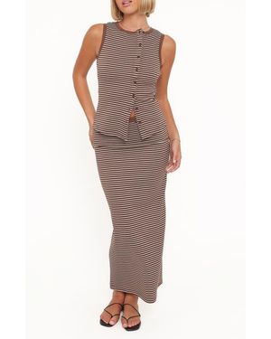 Petal & Pup Adeline Stripe Button-Up Top & Maxi Skirt Set - Brown
