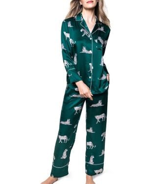 Petite Plume Panthre De Nuit Piped Mulberry Silk Pajamas - Green