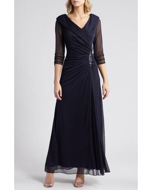 Alex Evenings Pleated Portrait Collar Chiffon Gown - Blue
