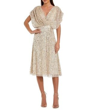 Mac Duggal Sequin Draped Sleeve V-Neck Midi Dress - Natural