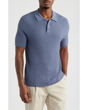 Open Edit Textured Short Sleeve Polo Sweater - Blue