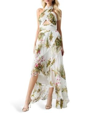 Marciano Hassana Floral Print Halter Maxi Dress - Natural