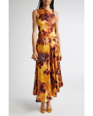 Victoria Beckham Abstract Floral Asymmetric Silk Midi Dress - Orange
