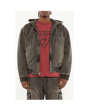 Guess Originals Hooded Sanded Denim Zip Jacket - Brown