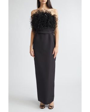 Oscar de la Renta Feather Embroidered Point D'Esprit Strapless Silk Faille Gown - Black