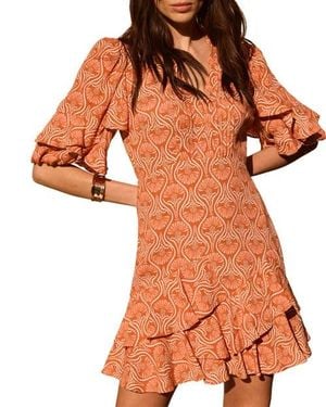 Mint Velvet Printed Ruffle V-Neck Mini Dress - Orange
