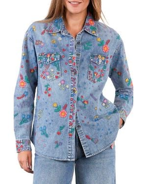 Billy T Embroidered Floral Garden Shirt Jacket - Blue