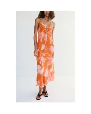 Mango Floral Printed Flowy Dress - Orange