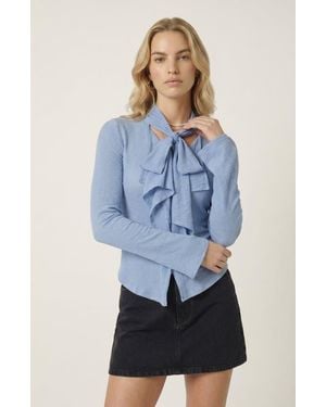 Modenaire Long Sleeve Tie Front Ruffle Top - Blue