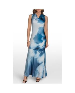 Donna Karan Printed Cowl Neck Gown - Blue