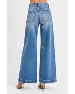 Modenaire High Waist Wide-Leg Jeans With Buttoned Patch Pockets And Rolled Hem - Blue