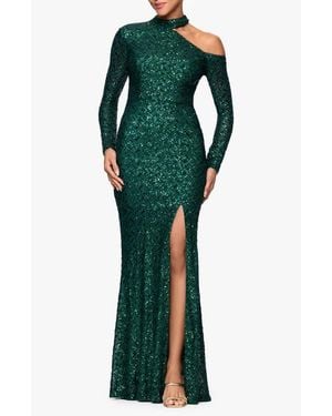Xscape Evenings Sequin Cutout Long Sleeve Mermaid Gown - Green