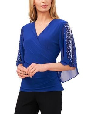 Chaus Beaded Sleeve Surplice Knit Top - Blue