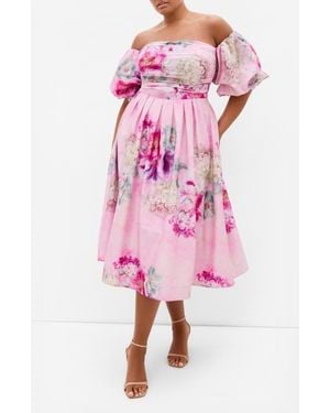 City Chic Rosalee Floral Off The Shoulder Cotton Dress - Pink