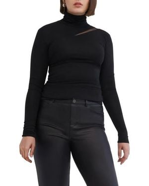 MARCELLA Vee Mesh Cutout Turtleneck Top - Black