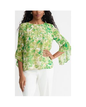 Kasper Printed Ruffle Sleeve Chiffon Top - Green