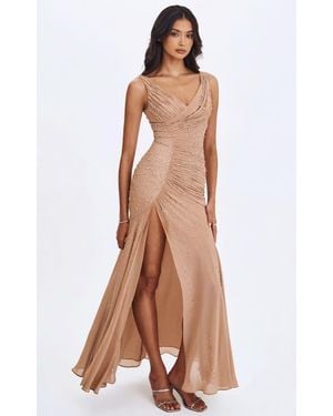 Miss Circle Viveca Crystal-Embellished Asymmetrical Ruched Maxi Dress - Brown