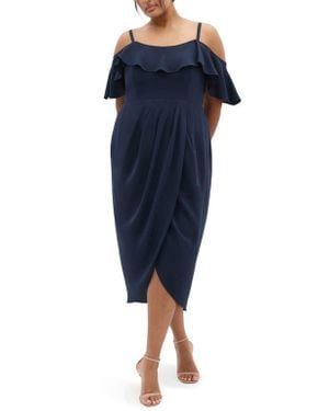 City Chic Flirtation Ruffle Off The Shoulder Cocktail Dress - Blue