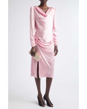 Valentino Draped Long Sleeve Silk Satin Dress - Pink
