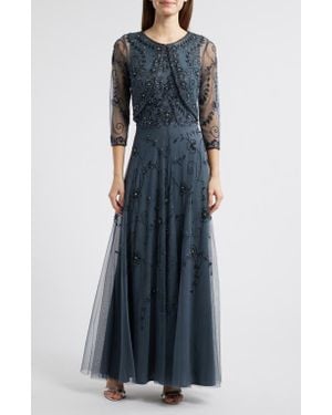 Pisarro Nights Beaded Mesh Gown With Jacket - Blue
