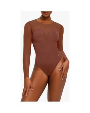 Popilush Sheer Mesh Sultry Date Night & Cocktail Long Sleeve Bodysuit - Brown