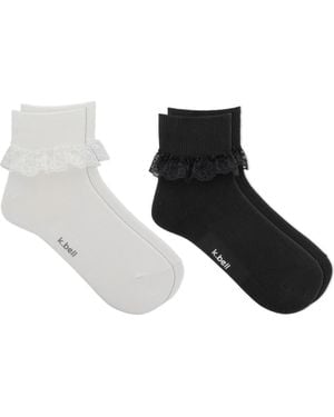 K Bell Socks Assorted 2-Pack Lace Trim Quarter Socks - Black