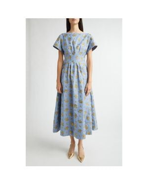 Lela Rose Metallic Floral Cotton Blend Jacquard Midi Dress - Blue