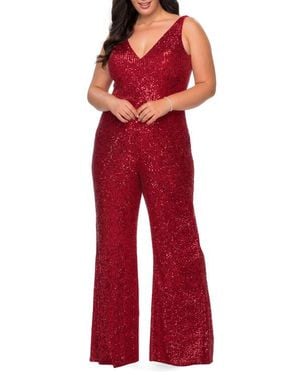 La Femme Sequin Plus Size Jumpsuit With Plunging Neckline - Red