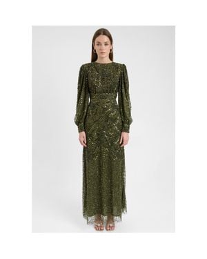 MARYISA Modest Embellished Sequin Beaded Dress Maxi With Loose Cuff Sleeves - Green