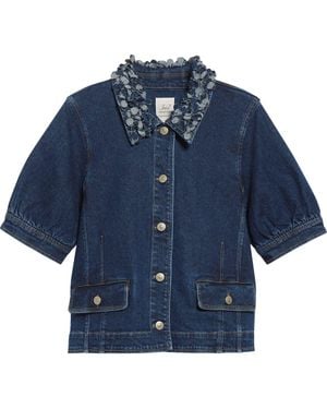 Cinq À Sept Ethel Petal Collar Short Sleeve Denim Jacket - Blue