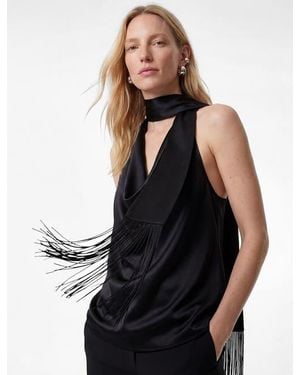 Koton Satin Halter Top With Fringe Trim - Black