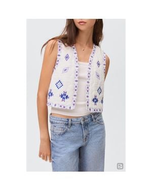 MANGO TEEN Embroidered Quilted Cotton Crop Vest - Blue