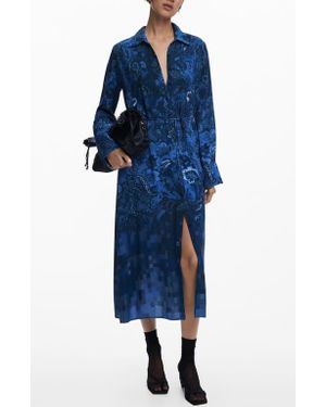 Desigual Belted Long Sleeve Midi Shirtdress - Blue