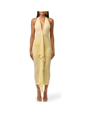 Naked Wardrobe Plunge Halter Neck Center Ruched Body-Con Midi Dress - Yellow