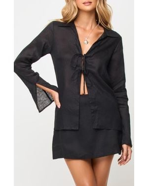 LSPACE Venice Tie Front Linen Cover-Up Shirt - Black