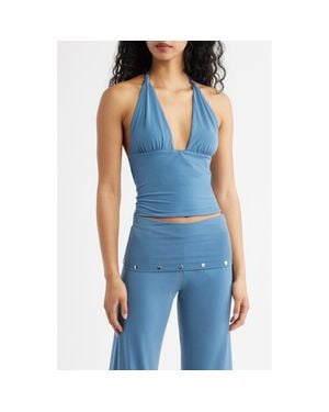 Bella Venice Jade Knit Plunge Halter Neck Top - Blue