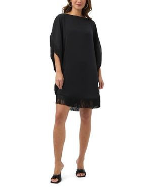 Trina Turk Mini Neena Fringe Trim Caftan Dress - Black