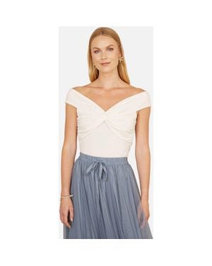 Yumi' Short Sleeve Knot Detail Bardot Top - Blue