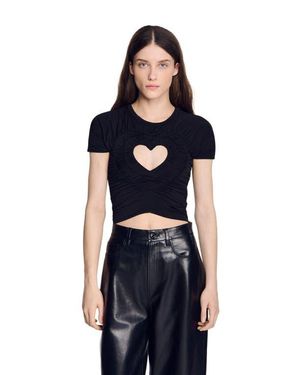 Sandro Ruched Heart Cropped T-Shirt - Blue
