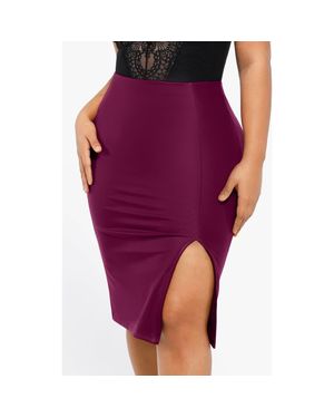 Popilush Shapewear Sculpting Faux Leather Front Slit Midi Skirt - Purple