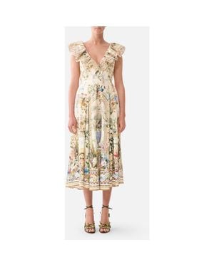 CAMILLA V Neck Frill Midi Dress - Multicolor