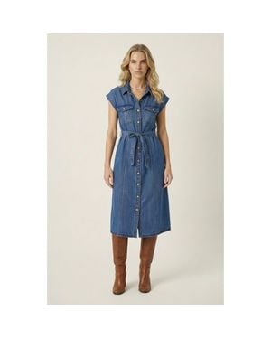 Modenaire Sleeveless Denim Tie Waist Midi Dress - Blue
