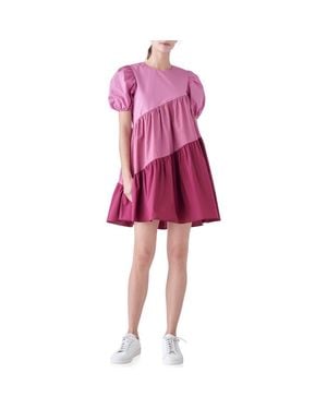 English Factory Colorblock Puff Sleeve Shift Dress - Red