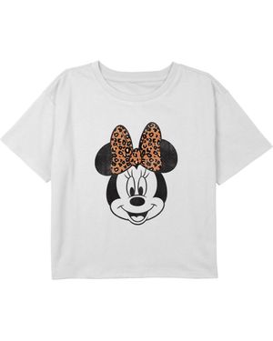 Mickey & Friends Girl's Minnie Mouse Cheetah Print Bow Portrait Graphic Cropped T-Shirt - White
